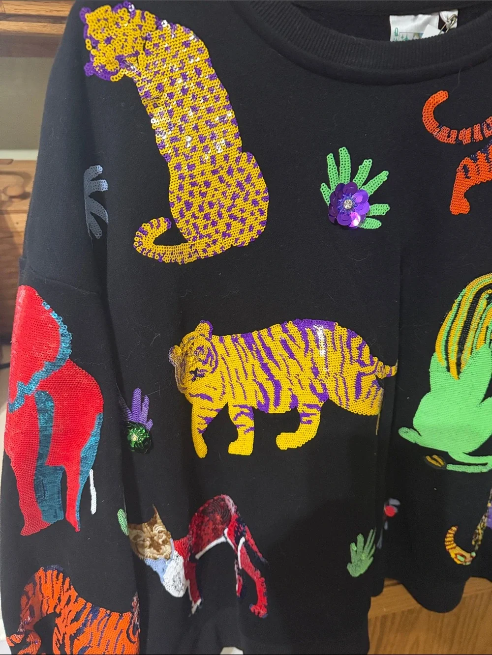 QUEEN OF SPARKLES Black Sweater with Neon Animal Appliqués - Picture 11 of 12